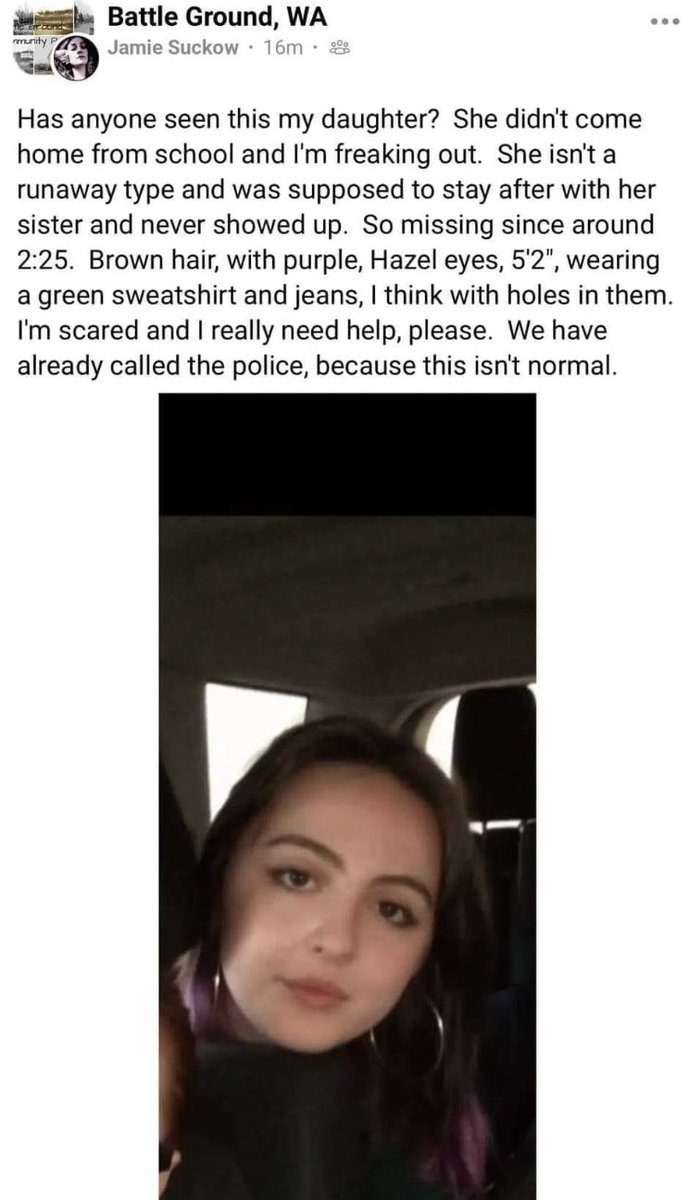 TiffanyDunn2020's tweet photo. #MissingChild Her name is Chloe from Battle Ground #Washington #MissingPerson #FindChloe https://t.co/dsRE1WCkIO