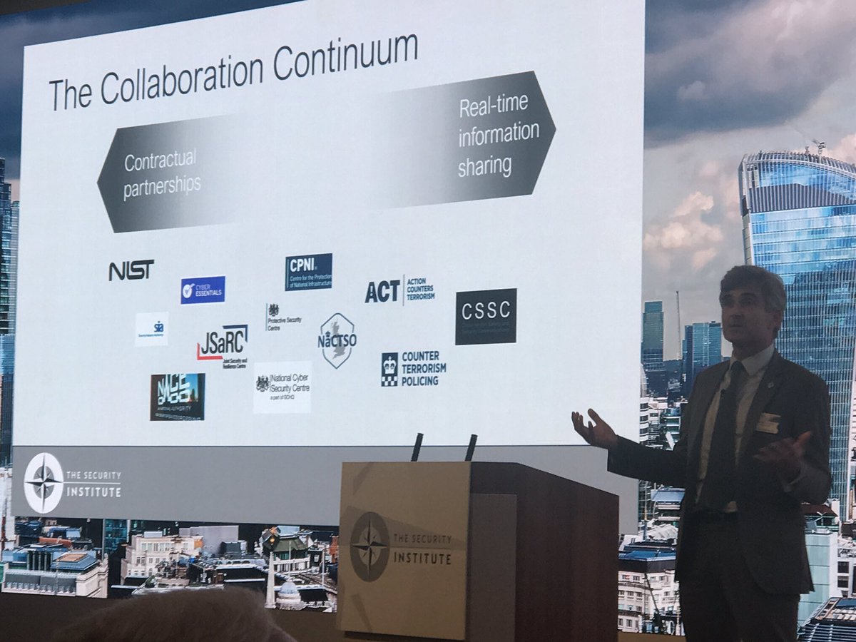 UWLCCC's tweet photo. In the last @SyInstitute conference session Charlie Curry discusses the many forms of public-private #Security collaboration. Essential to evolve in this area as challenges become ever more complex &amp; interconnected, &amp; government &amp; organisational budgets are increasingly stretched https://t.co/x6TNY0E0Or