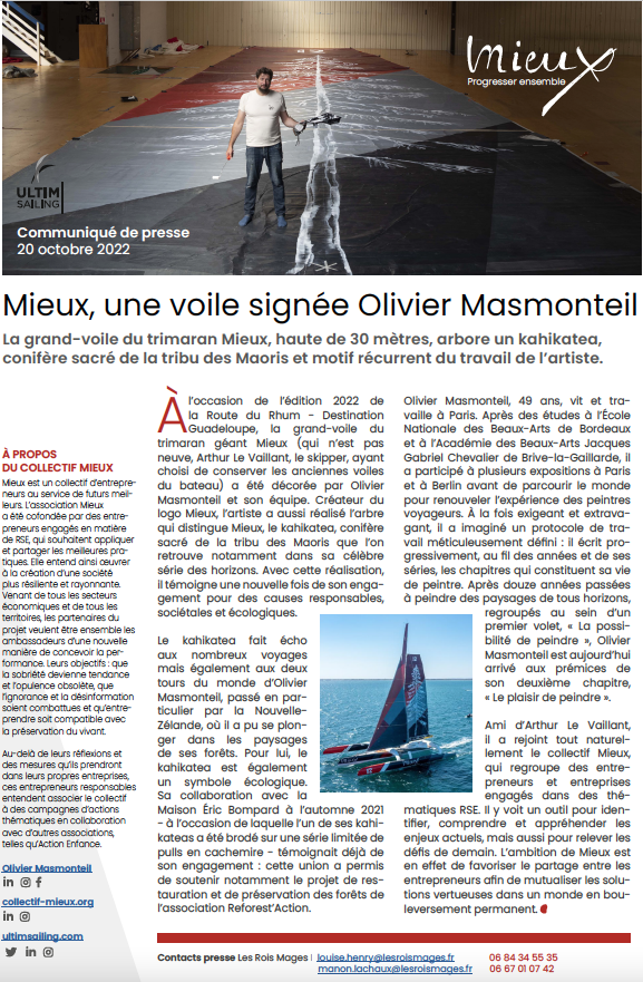 agenceLRM's tweet photo. Olivier Masmonteil a peint le kahikatea qui orne la grand-voile du trimaran Mieux, haute de 30 mètres. Ce conifère sacré de la tribu des Maoris est un motif récurrent de son travail.
#progresserensemble
@routedurhum https://t.co/j2vdIEi9EK
