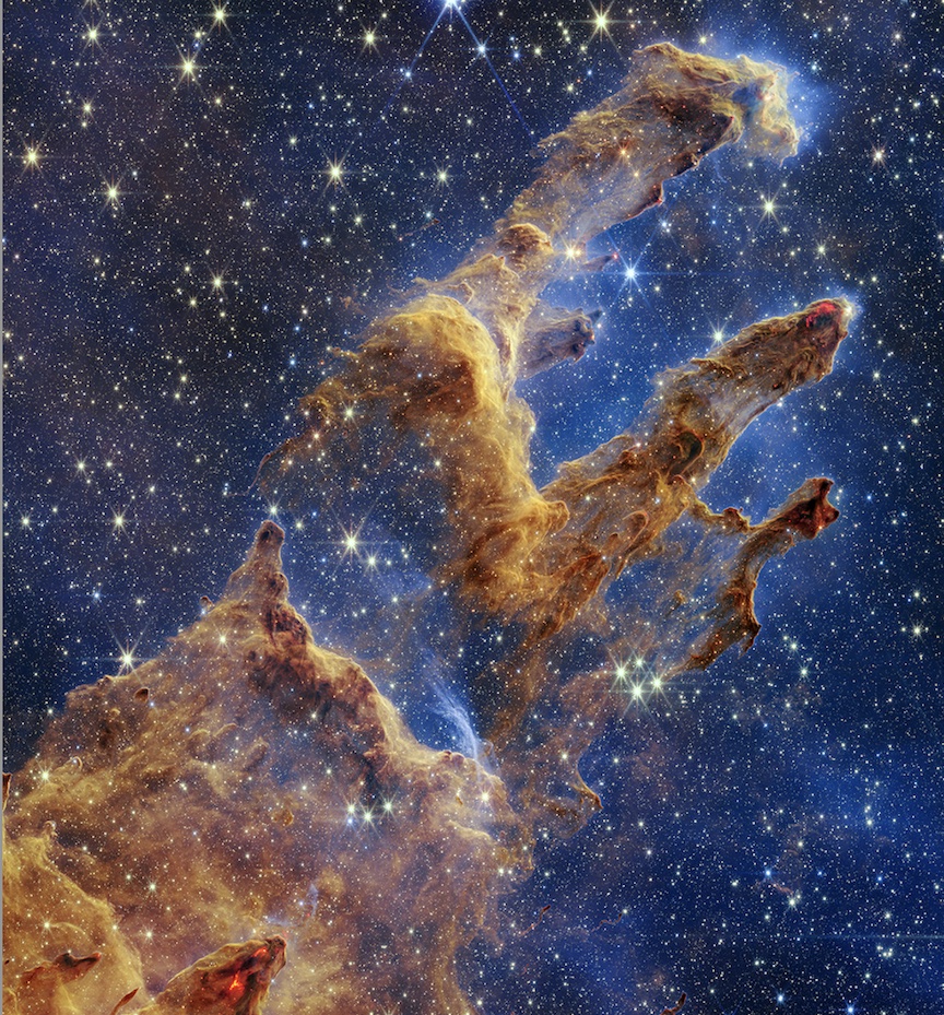 As stunning an image of our nearby universe as I have seen. Deep within the Eagle Nebula, find the “Pillars of Creation,” a stellar nursery made famous by the Hubble Telescope. Now laid bare by the infrared cameras of the @NASAWebb telescope.