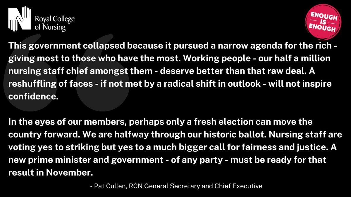 theRCN's tweet photo. RCN General Secretary and Chief Executive, @PatCullen, responds to the Prime Minister's resignation: https://t.co/Y1gsUur6Qd 

#FairPayForNursing #SafeStaffingSavesLives https://t.co/6Bb46qIV0L