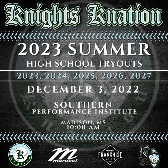 knightknation4L's tweet photo. ✅ 2023 High School Tryout # 2 ✅
December 3rd @ SPI - Madison
Click on the link to register:
https://t.co/Hh3lQ5htFZ
Our tryouts are always FREE #4L #PlayWithTheProven #Est2007
@MarucciDugout @PBR_Louisiana @PBR_Mississippi @PBR_Alabama @2DsportsLA @2DsportsMS @2DsportsAL https://t.co/3ftVLwubBY
