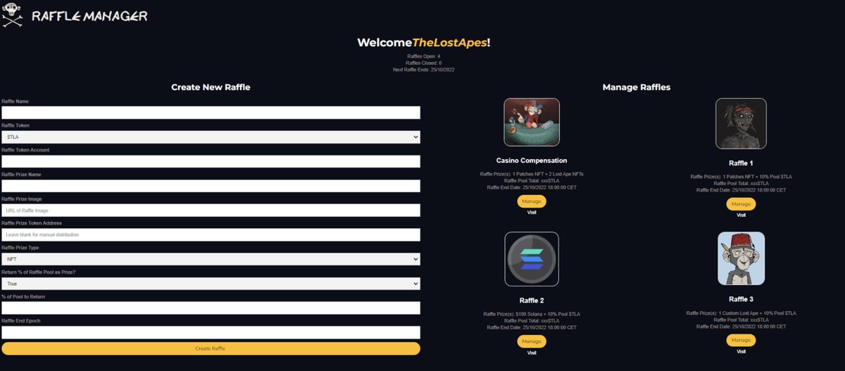 The Lost Apes team is constantly creating innovative tools. This Raffle Manager is one example of this.

Create, manage and launch raffles using our foolproof UI.

What happens when the only accepted payment to use these tools becomes Lost Apes... that you have to burn 🤔