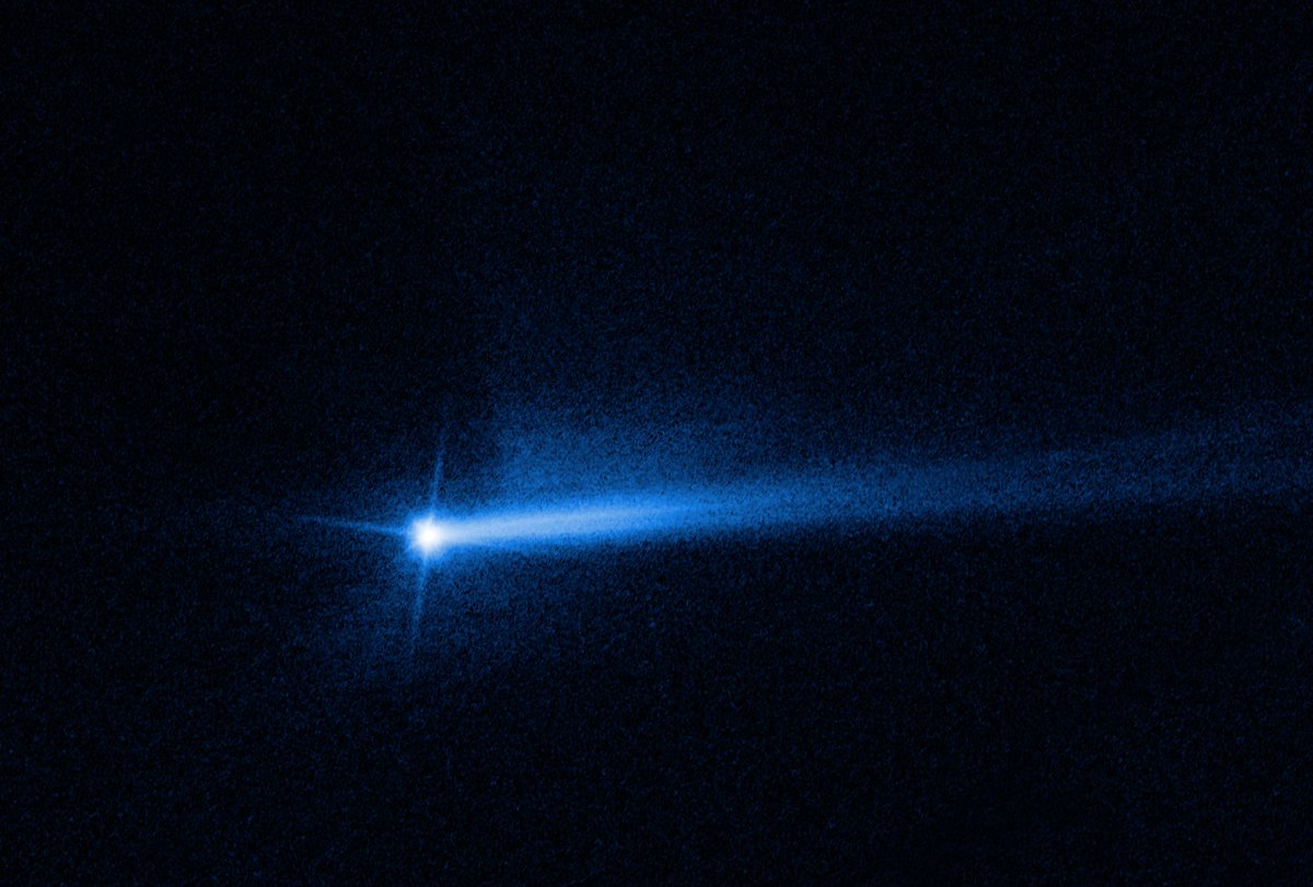 New #DARTMission image just dropped! Last month, @NASA crashed a spacecraft into a non-threatening asteroid in a test of planetary defense. This new Hubble image shows a surprising update – two tails of dust ejecting from the impacted asteroid system: go.nasa.gov/3TBEjp7