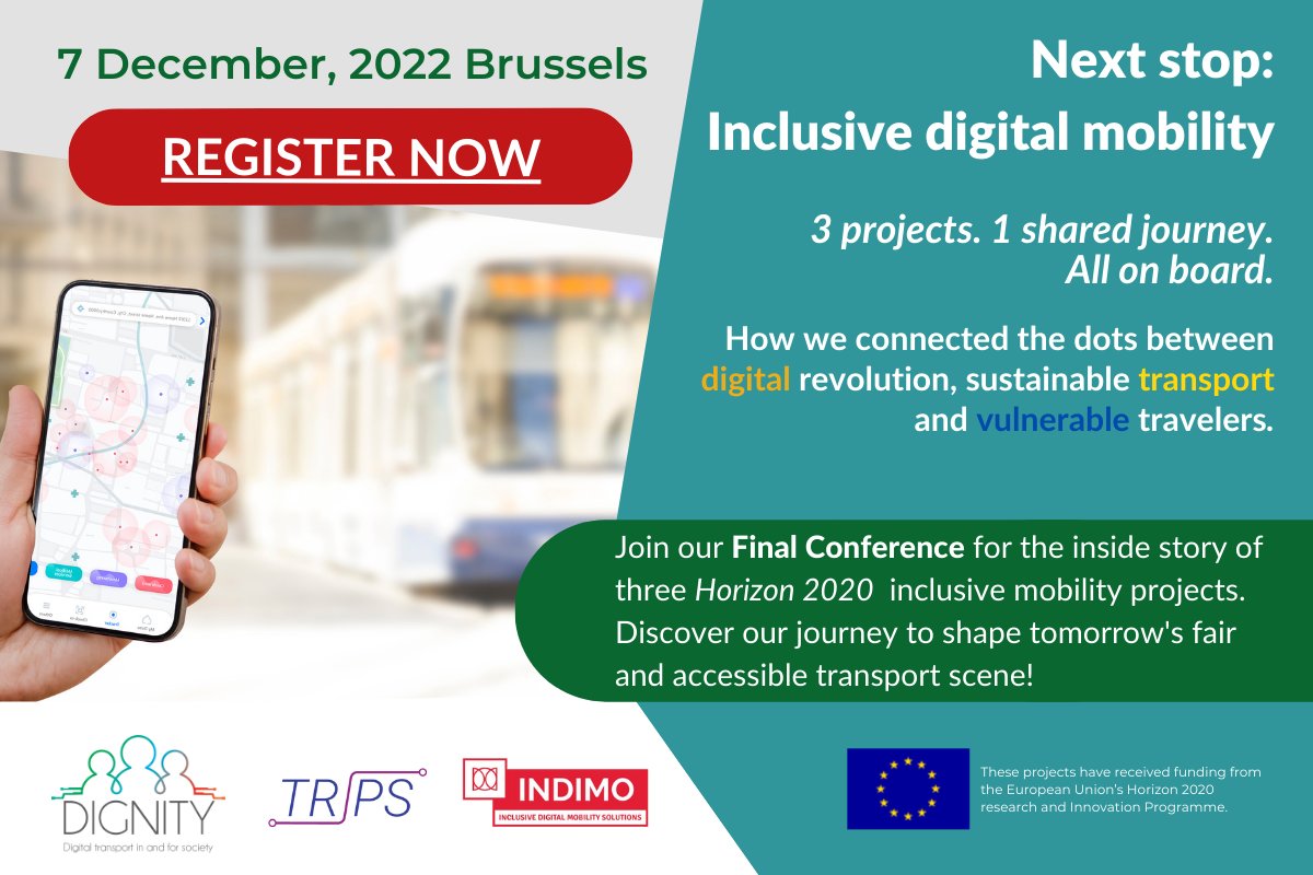 INDIMO_H2020's tweet image. 📢On December 7 three of the most inclusive European-funded projects will host its final event together in Brussels!

@eu_trips, @dignity_eu, and INDIMO will present their research aimed at making the transport more #equitable and #inclusive. 

Register👉indimoproject.eu/trips-indimo-a…