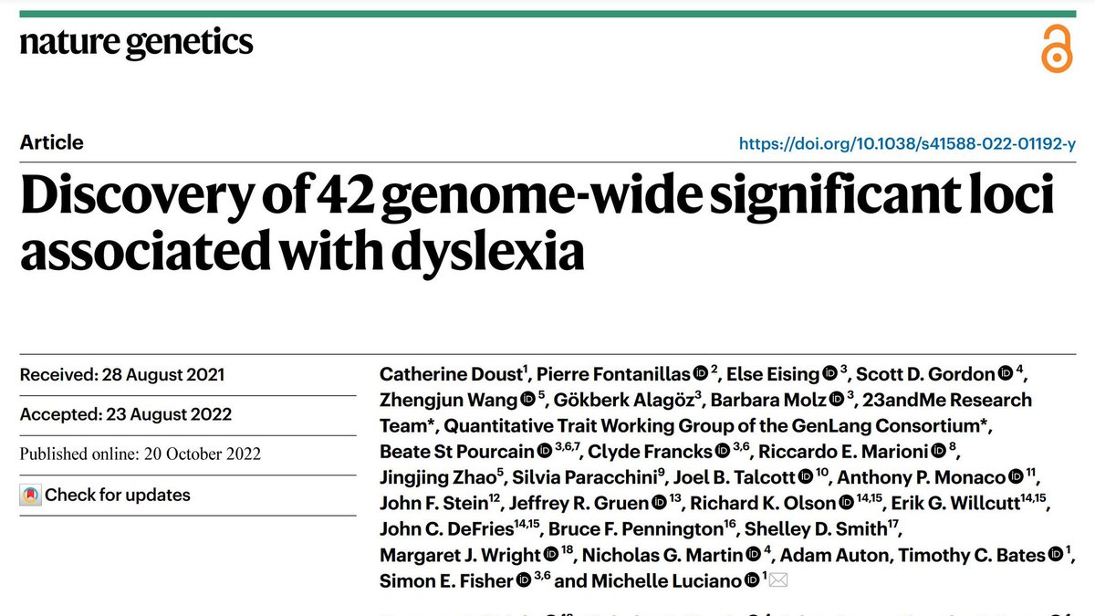Simon Fisher (@profsimonfisher) on Twitter photo Out now in <a href="/NatureGenet/">Nature Genetics</a>, our study of DNA from 51,800 adults answering "yes" to question "have you been diagnosed with dyslexia?" compared to >1 million who responded "no", led by team of @drmluciano <a href="/EdinburghUni/">The University of Edinburgh</a>. We found 42 associated genetic loci. nature.com/articles/s4158… 1/n Out now in <a href="/NatureGenet/">Nature Genetics</a>, our study of DNA from 51,800 adults answering "yes" to question "have you been diagnosed with dyslexia?" compared to >1 million who responded "no", led by team of @drmluciano <a href="/EdinburghUni/">The University of Edinburgh</a>. We found 42 associated genetic loci. nature.com/articles/s4158… 1/n