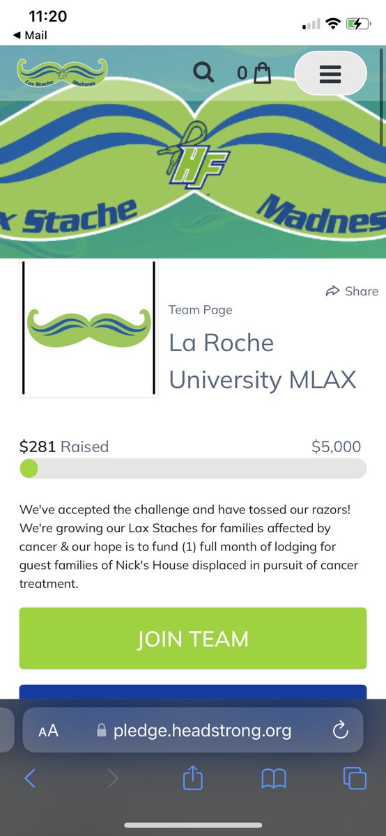 La Roche Lacrosse is taking on the Lax stache challenge trying to raise money for families affected by cancer! Please help spread the word and donate!                                 pledge.headstrong.org/team/451460