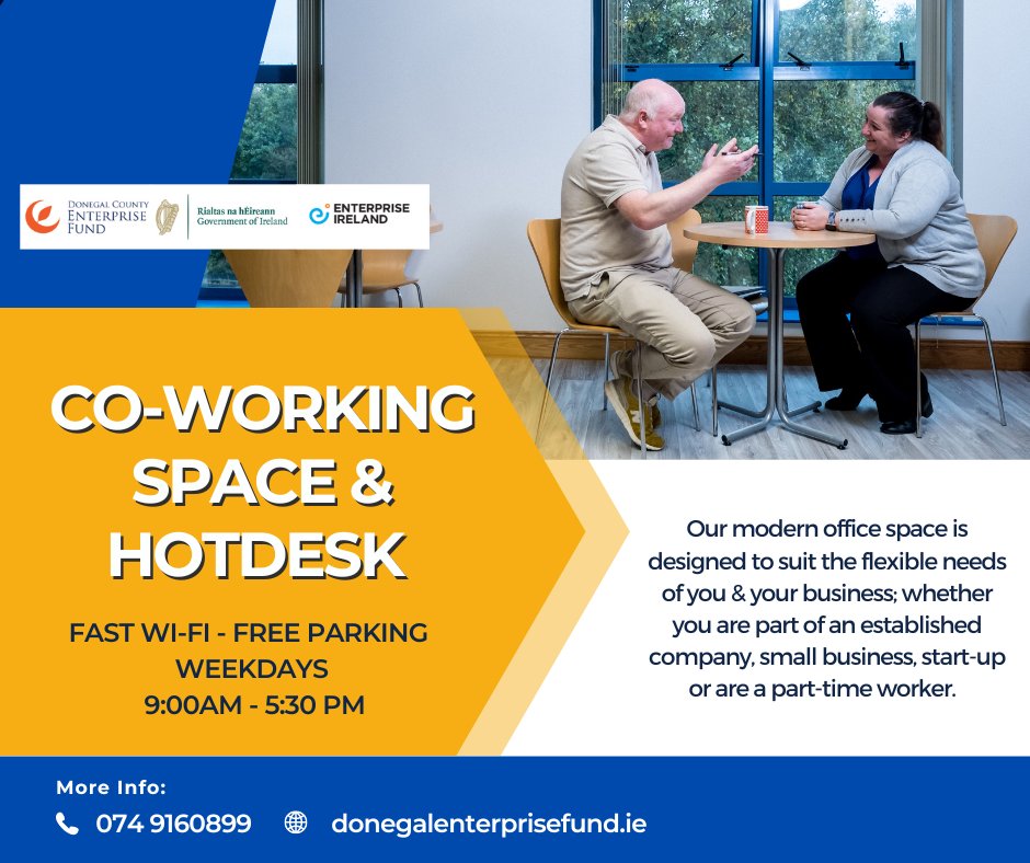 Just one day left before the official launch of our new #CoWorking Hub in Letterkenny. It's at our Enterprise Fund Business Centre, offers flexible working at affordable rates, great broadband, with kitchen, canteen &amp; parking facilities. Book here: donegalenterprisefund.ie/co-working-hot…