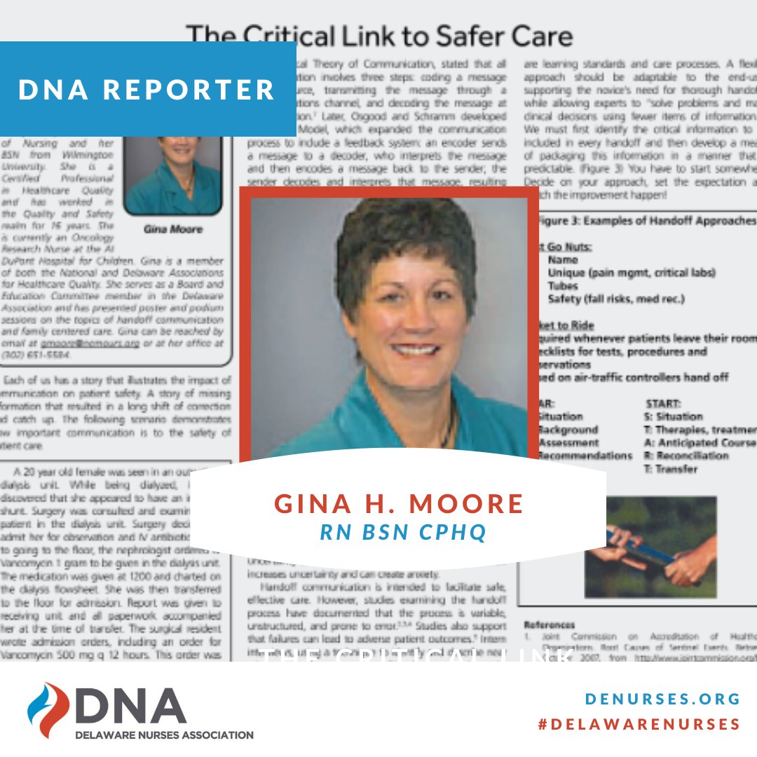 Delaware_Nurses's tweet photo. Our September guest editor, Gina H. Moore, RN, BSN, CPHQ wrote a very insightful piece on The Critical Link to Safer Care. Find it on Page 5 of the Sept. Edition of the DNA Reporter.

Read it here: https://t.co/Gc9fTRpGvd 

#CelebrateNurses #DelawareNurses #DNAReporter #DNA https://t.co/z5un1cnLeD