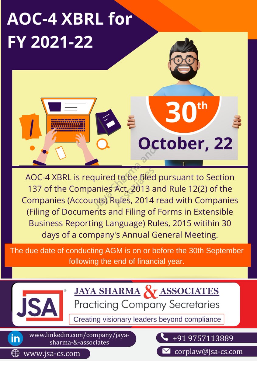 MCA | CORPORATE ANNUAL FILINGS DUE DATES |
With the festive season round the corner and the dues dates also following in the same week, Corporates and Professionals have to plan strategically and timely.