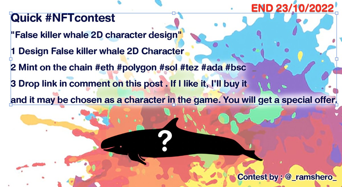 _ramshero_'s tweet photo. Quick #NFTcontest 
"False killer whale 2D Character design"
1 Design False killer whale 2D character
2 Mint on the chain #eth #polygon #sol #tez #ada #bsc
3 Drop link in comment on this post . If I like it, I'll buy it
 #whalecontestNFT #NFTTHAILAND https://t.co/uIp7hcjw52
