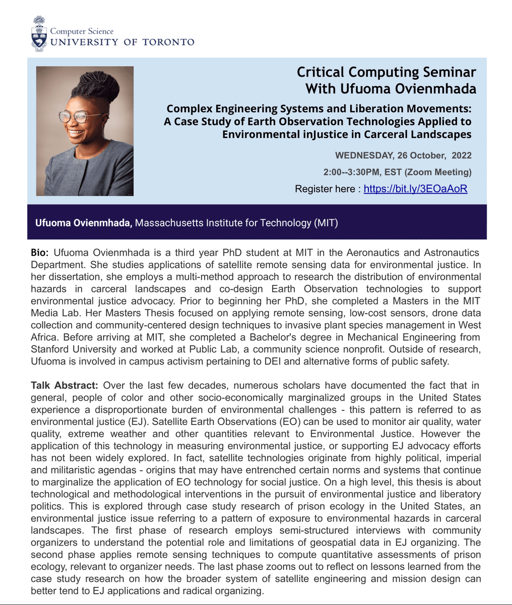 Join us <a href="/ItsUfuoma/">Dr. Ufuoma 🛰🌍</a>'s talk, "Complex Engineering Systems and Liberation Movements: A Case Study of Earth Observation Technologies Applied to Environmental inJustice in Carceral Landscapes" in our <a href="/CritCompUofT/">Critical Computing</a> Seminar Series on Oct 26, 2 pm EST.

Register: bit.ly/3EOaAoR