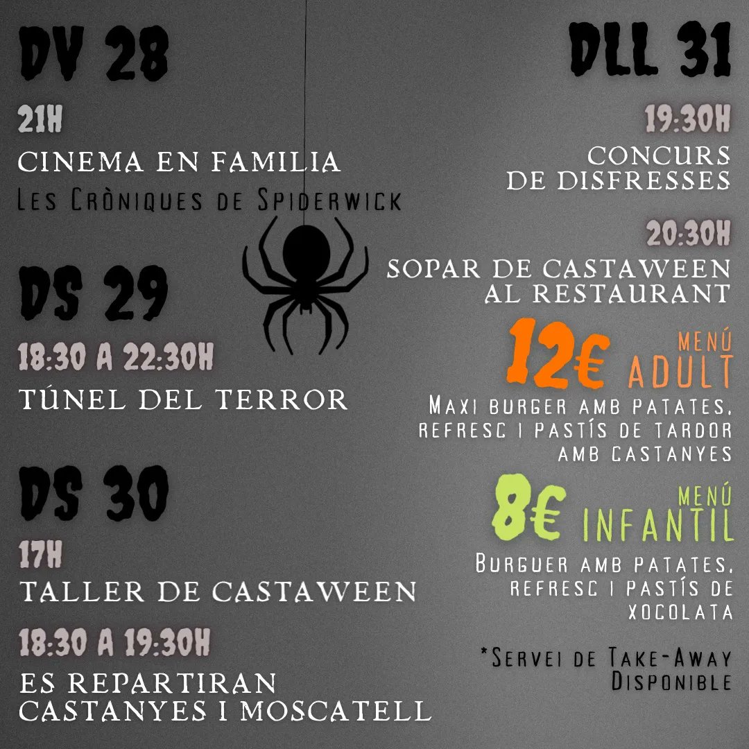 elpasqualet's tweet photo. Celebra amb nosaltres el #CASTAWEEN 🎃 Túnel del terror, tallers, concursos i més! 

Reserva ja pel sopar!
📞 93 865 46 95
📱 617 43 19 14

#campingelpasqualet
#restaurantelpasqualet #castaweenalpasqualet #castanyada #halloween #tunelterror #cine #taller #concurs #difresses https://t.co/oB19XIJwqw