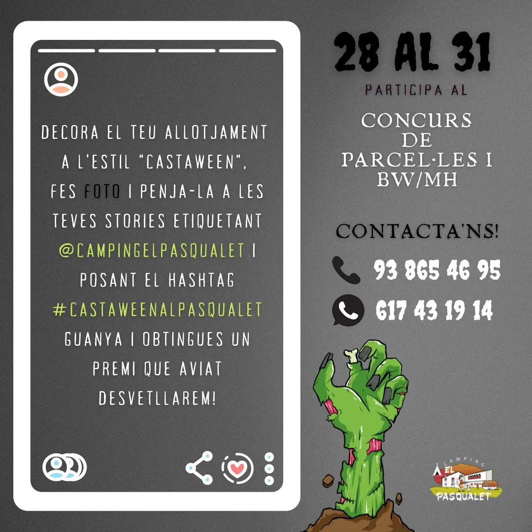 Celebra amb nosaltres el #CASTAWEEN 🎃 Túnel del terror, tallers, concursos i més! 

Reserva ja pel sopar!
📞 93 865 46 95
📱 617 43 19 14

#campingelpasqualet
#restaurantelpasqualet #castaweenalpasqualet #castanyada #halloween #tunelterror #cine #taller #concurs #difresses