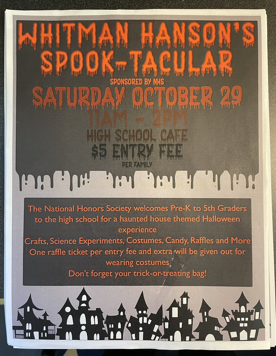 Next Saturday 10/29 Whitman-Hanson’s chapter of the #NationalHonorSociety is hosting a Halloween-themed community event for kids 🎃 Our students have so many fun activities planned &amp; it’ll be a great family-friendly day 🍁We hope to see you there! <a href="/DrCSJones/">Christopher Jones</a> <a href="/WH_Super/">Jeff Szymaniak</a>