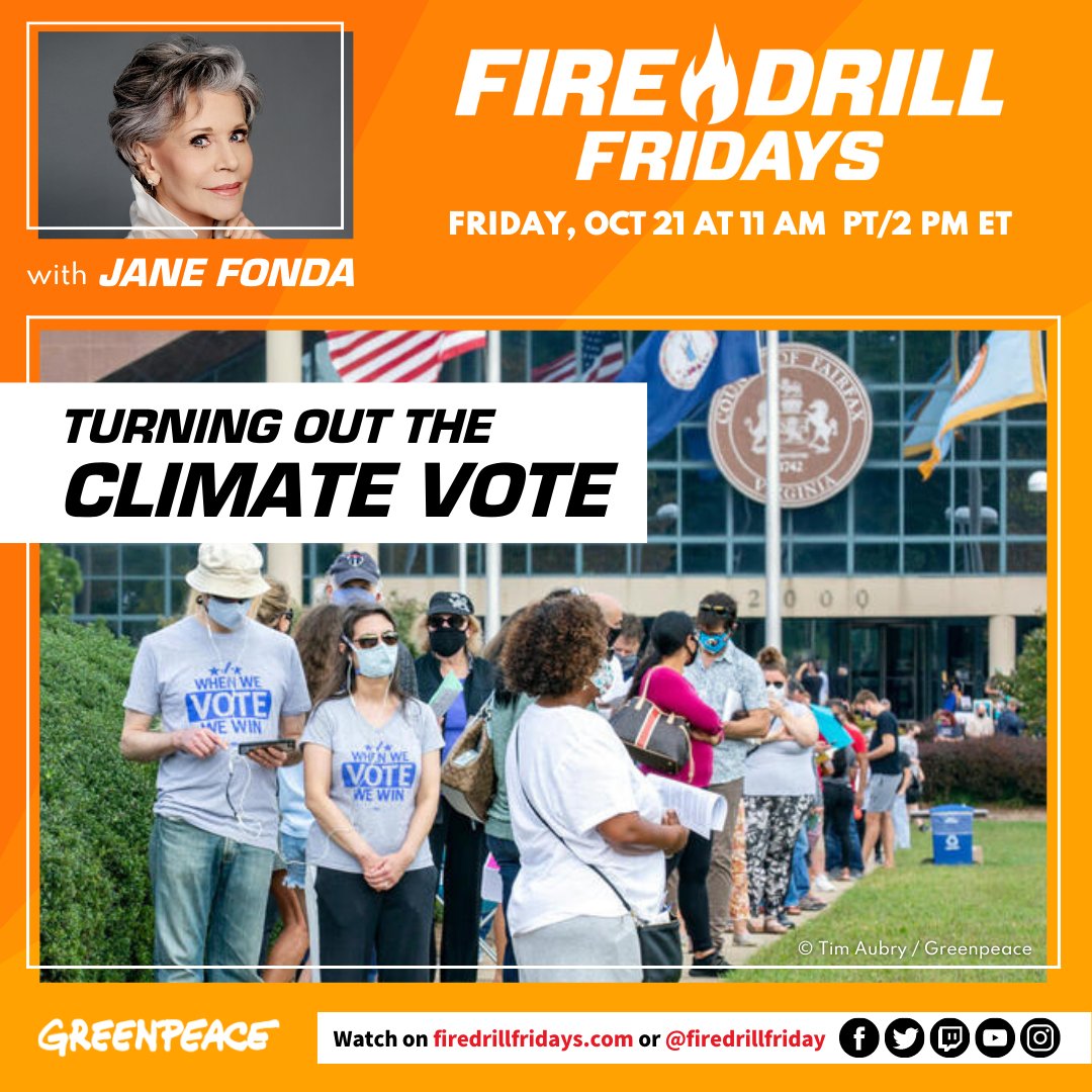 Firefighters! Are you registered & ready to vote in less than 3 weeks? Tomorrow, 10/21 on #FireDrillFridays, @janefonda reunites w/ @DerrickNAACP @jbrownedianis @NelStamp @AOC @avtorres4 to discuss how & why to turn out the climate vote. Join us @ 11amPT/2pmET on @greenpeaceusa.