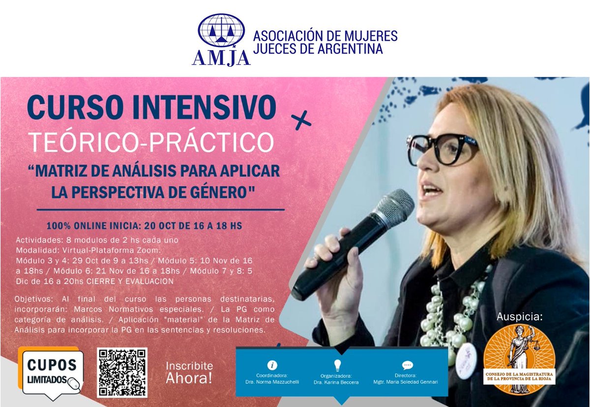 📌Actividad recomendada en La Rioja!
CURSO INTENSIVO TEORICO PRÁCTICO
Matríz de Análisis para aplicar la Perspectiva de Género
100% ONLINE 
📆Inicia 20 de octubre 16 a 18hs