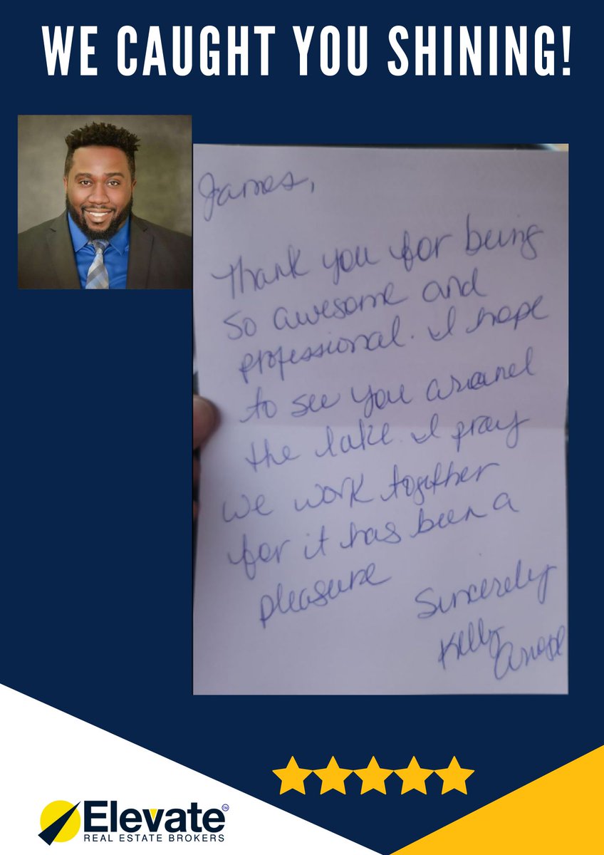 ElevateBrokers's tweet photo. We Caught You Shining, James Saintilien!

Happy Thursday! Here's a heartwarming, handwritten note from our dear clients that we'd like to share with you for that extra motivation. Shoutout to James for this superb testimonial from his client. https://t.co/0fxYwyqnsL