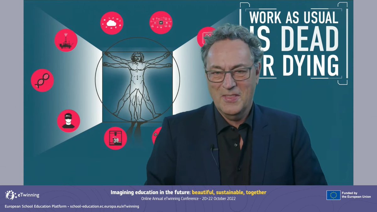 "Advances in technology cause jobs to die and students of today will have to be creative and imaginative enough to create their own jobs in the future" says Gerd Leonhard #eTwconf22 #eTw4Future <a href="/eTwinningEurope/">eTwinningEurope</a> <a href="/AnnualTheme/">eTwAnnual Theme</a>