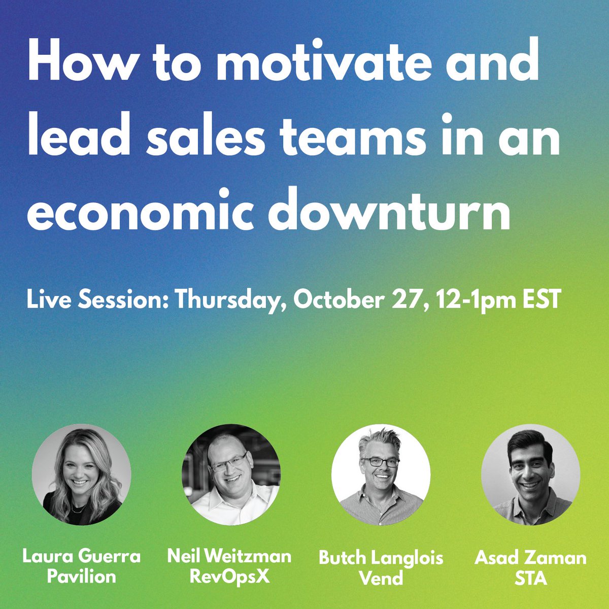 Our live panel featuring experts from <a href="/Join_Pavilion/">Pavilion</a>, RevOpsX Advisory and Vend is only a week away – reserve your spot to learn how to motivate and lead sales teams through an economic downturn on October 27th.

Reserve your spot here: us06web.zoom.us/webinar/regist…