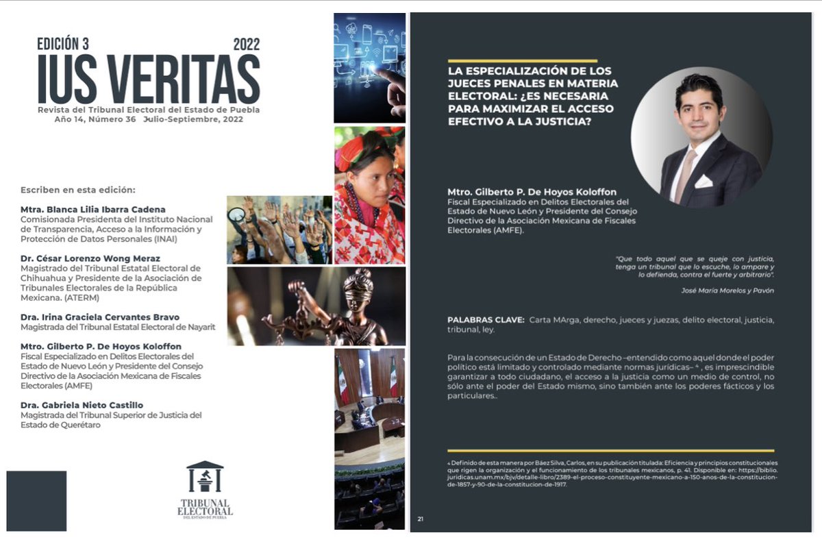 trielecpue's tweet photo. El Mtro. @GDHKolofon, Fiscal  de la @FEDENuevoLeon y Presidente de la @AMFEMX, nos comparte el artículo
 “LA ESPECIALIZACIÓN DE LOS JUECES PENALES EN MATERIA ELECTORAL: ¿ES NECESARIA PARA MAXIMIZAR EL ACCESO EFECTIVO A LA JUSTICIA?

Revista #IUSVeritas 
🔎 https://t.co/rYK0uss6Zp https://t.co/bZnsS2k5pG