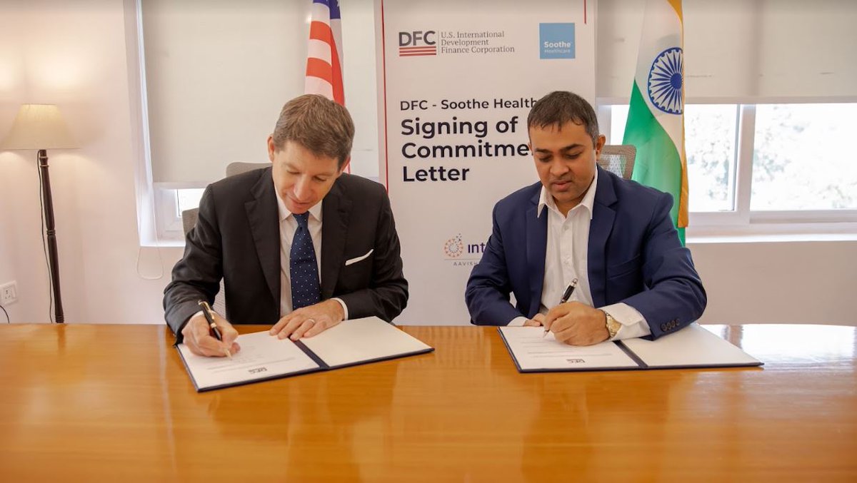 DFCgov's tweet photo. .@SootheH is helping transform the lives of girls and women in India, and DFC is honored to support their efforts. 

Today CEO Nathan toured the company’s facilities and signed a commitment letter formalizing DFC’s $7.7 million loan guaranty. https://t.co/vuUDTdq3KZ