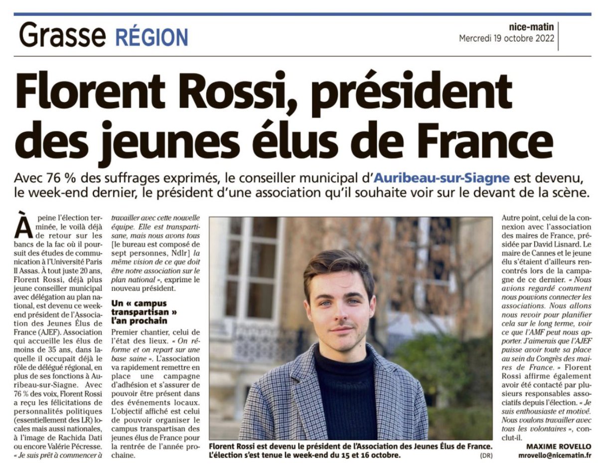 🗞️ <a href="/Nice_Matin/">Nice-Matin</a> revient sur mon élection à la tête de l’Association des <a href="/JeunesElusdeFr/">Association des jeunes élus de France 🇨🇵</a> !

Avec mon équipe, nous portons des projets ambitieux pour valoriser le travail des jeunes élus et promouvoir l’engagement citoyen.

Ensemble, nous allons faire de belles choses 🚀