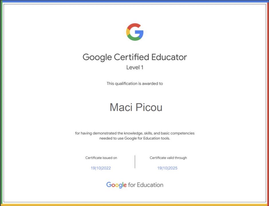 macipicou01's tweet photo. Super excited to share that I passed the Google for Educators exam! I am now a level 1 Google Certified Educator. I can not wait for the day I will be able to use all these tools in my classroom. #EdTechAtLaTech https://t.co/NIc4CWCjsL