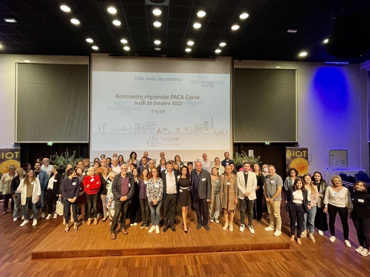 JPDERMIT's tweet image. Biot a l'honneur de recevoir la première rencontre régionale UNICEF PACA-Corse des communes labellisées "Ville Amie des Enfants. 
Plus de 100 participants venus de 24 communes pour partager leurs actions et leurs expériences autour d'un thème essentiel : les enfants !