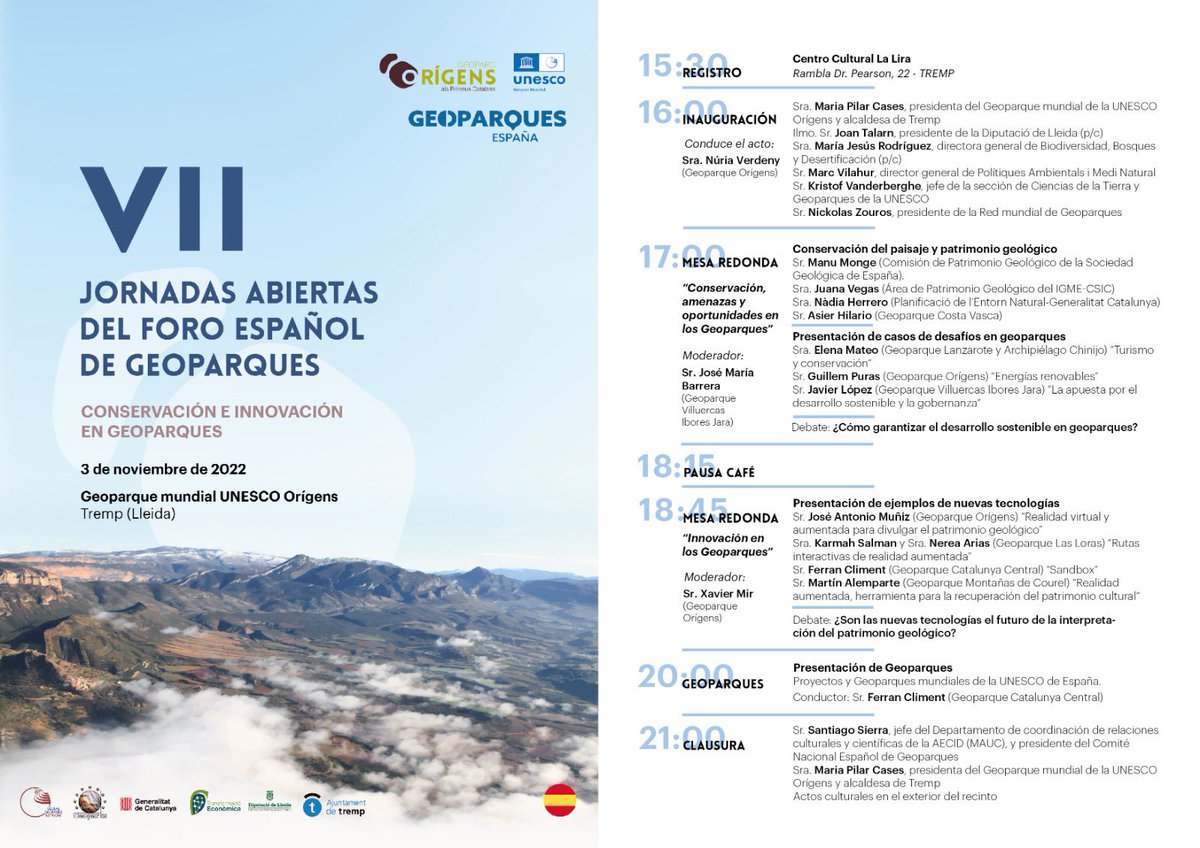 👌👌 Ya tenemos preparado el programa de las VII Jornadas Abiertas del Foro Español de Geoparques ✔️ 3 de Noviembre a las 15:30h en el Centro Cultural La Lira en Tremp. Geoparc mundial Unesco Orígens @GeoparcOrigens ✔️ Si te interesan los geoparques, esta es tu cita.👏👏