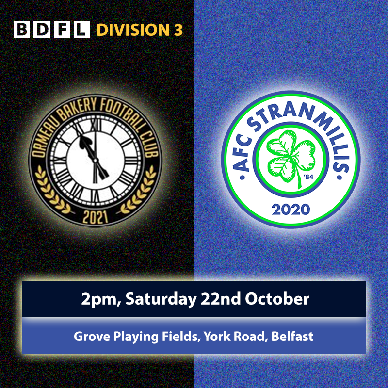 🚨 VENUE CHANGE 🚨
⚽️ Ormeau Bakery v <a href="/UppaStran/">AFC Stranmillis</a> 
🏆 #BDFL Division 3
📆 Saturday 22nd October
🕗 2pm KO
 📍  Grove Playing Fields, York Road, #belfast

✅ ALL SUPPORTERS WELCOME

#UppaStran #stranbyyourman 
#football #Belfasthour