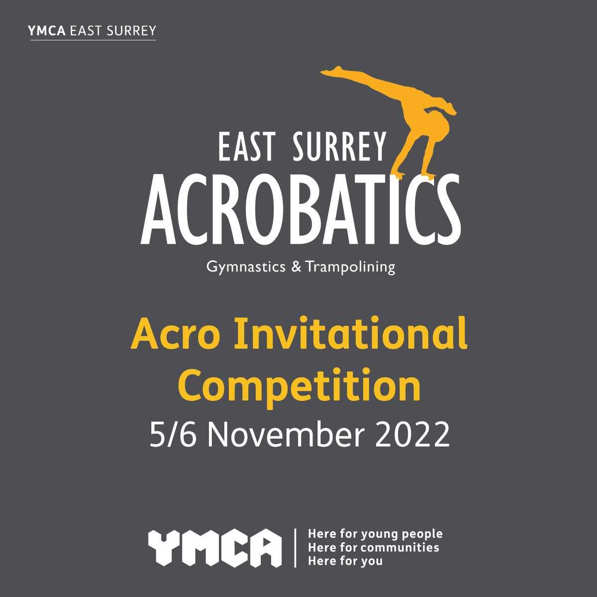 We’re delighted to be hosting the ESA Acro Invitational Competition on 5/6 November at the YMCA Sports &amp; Community Centre in Redhill.
The YMCA gym will remain open but please be aware that the centre will be busy on these days.
Thank you for your understanding.
<a href="/ESAcrobatics/">EastSurreyAcrobatics</a>