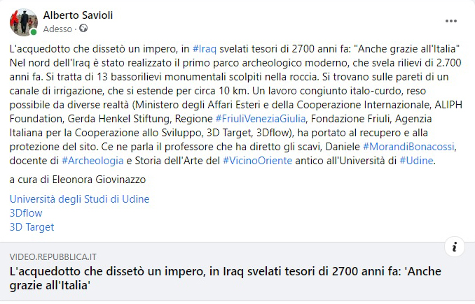 savioli_alberto's tweet photo. #Iraq #Kurdistan L'acquedotto che dissetò un impero, in Iraq svelati tesori di 2700 anni fa: "Anche grazie all'#Italia". #Assiri @3dtarget @_3Dflow_ @uniud @LaRepubblica_it https://t.co/jhjtSR7TSm