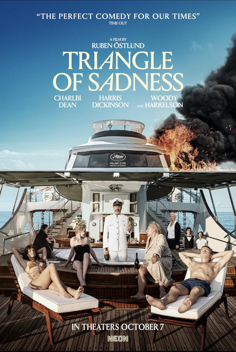 Altın Palmiyeli #TriangleofSadness sınıf ayrımı,iktidar sevdası,eşitliksizlik hakkında yeni bir şey söylemiyor,hatta fazlasıyla göstere göstere alaya alıyor. Ruben Östlund belli ki "insanlık bu kadar aptal olmasaydı filmi çekmezdim" demiş. 2.5 saat (derin olmayan) su gibi akıyor