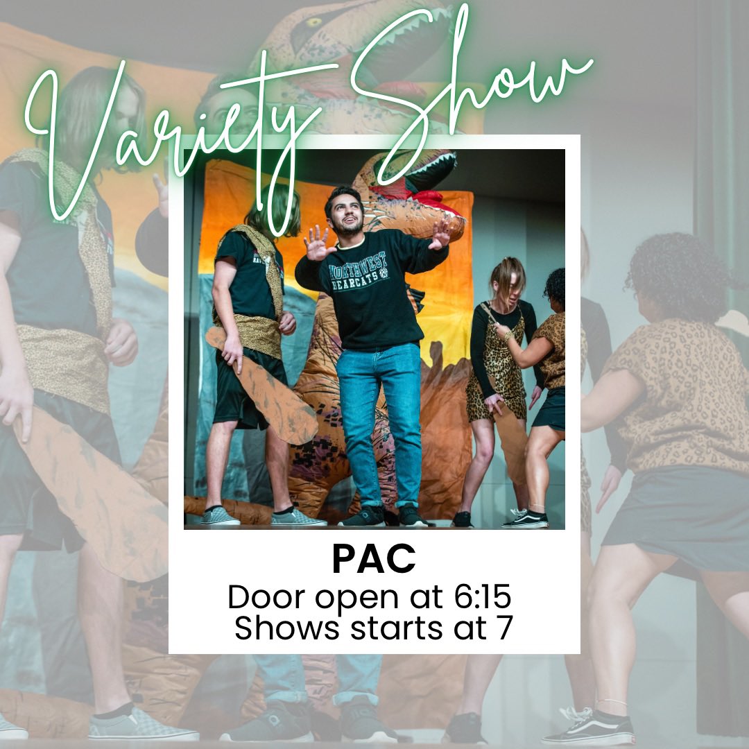 NWHomecoming's tweet photo. The Variety Show is tonight at 7 in the PAC (Marshmallow)! Doors will open at 6:15! Please have your ticket confirmation email ready to show us at the door! Link to purchase tickets is our bio! We will also have a t-shirt pick up table before and after the show!  #bearcatsgotgame https://t.co/IXMyG7ZI83