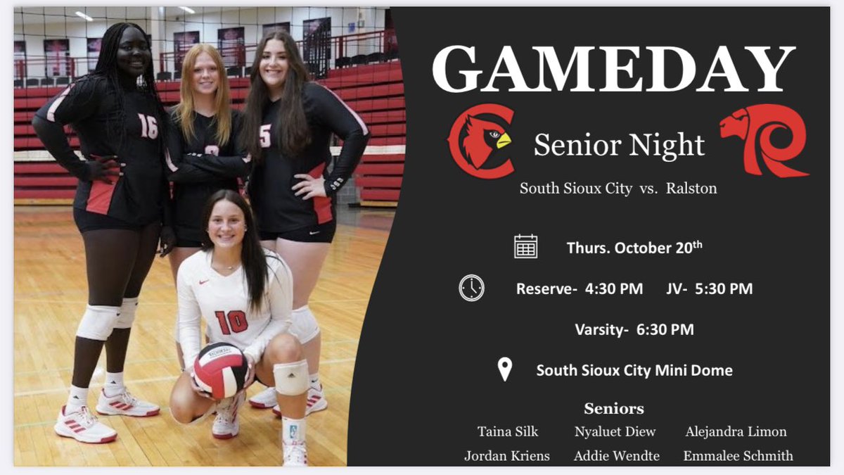 Tonight is our Senior Night! Come out dressed as a Super Hero 🦸‍♀️ or wear a jersey with your seniors favorite # to share our love for our class of 23’ as we take on Ralston!! #SSCVB22 🏐❤️