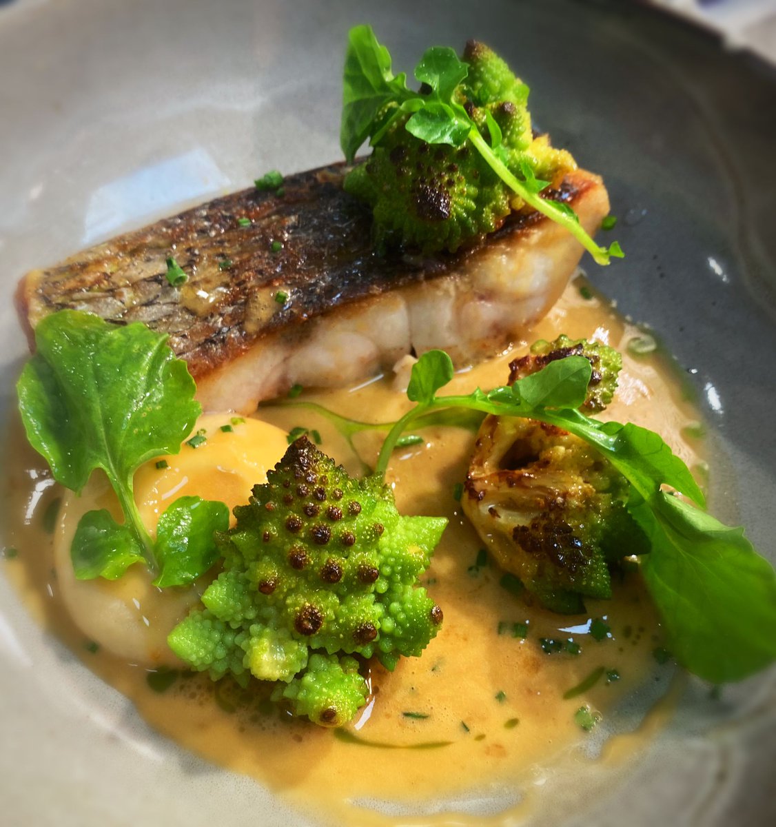 stathamskk's tweet photo. Stone Bass, Riversfield Farm Romanesco & Chicken Butter Sauce | One of our current Market Menu main course dishes 🕒 5pm - 9pm #stathams #kilkenny #marketmenu #dinner #irishfood https://t.co/laE27CXwxr