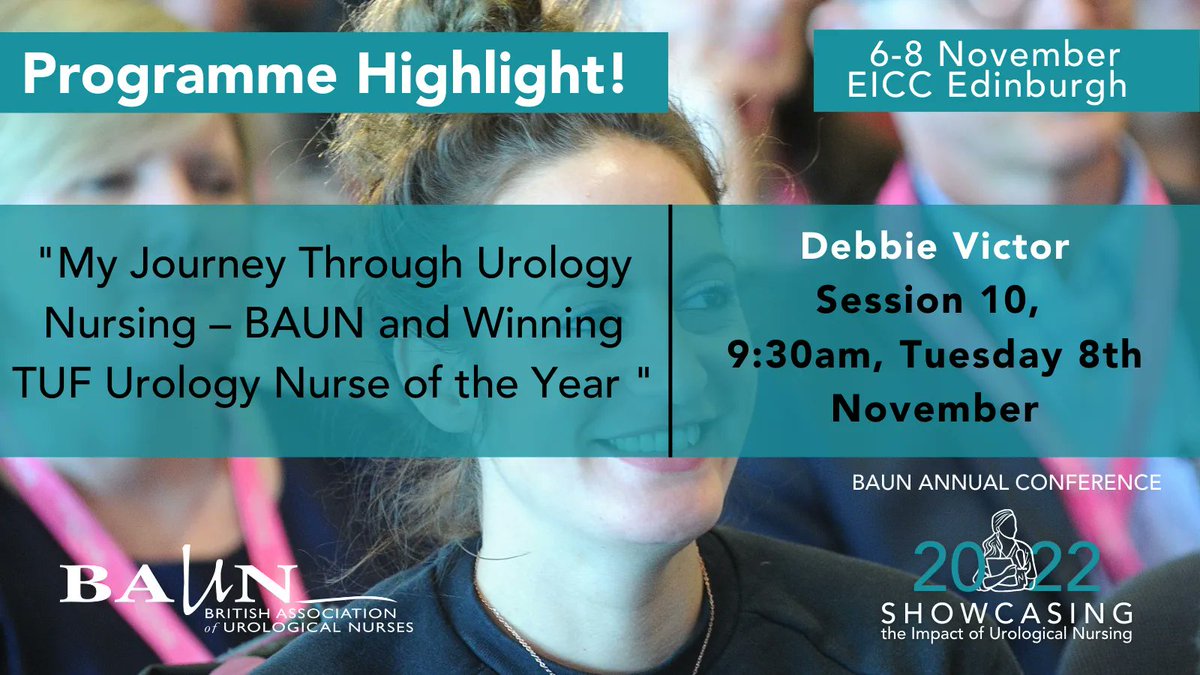 BAUNnurses's tweet photo. #ProgrammeHighlight for #BAUN22⭐
Debbie Victor - @acedeb76 speaks at 9:30am on Day 2 of conference. Join her session “My Journey through Urology Nursing TUF/BAUN Urology Nurse of the year”
Register 👉https://t.co/5nXxA7WoBi
#Urology #Urologist https://t.co/b70W1xGnn5