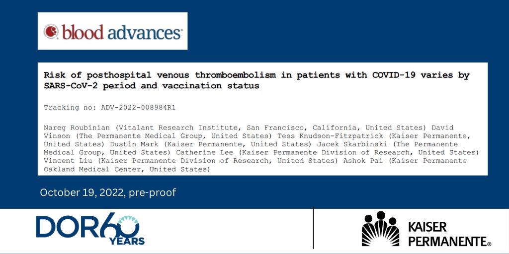 Kaiser Permanente Research NorCal (@kpdor) on Twitter photo Out now in <a href="/BloodAdvances/">Blood Advances</a>: Risk of post-hospital #VTE in patients with #COVID19 varies by #SARS-CoV-2 period and #vaccination status, (higher unvaxed) report Nareg Roubinian, Ashok Pai and <a href="/KPDOR/">Kaiser Permanente Research NorCal</a> <a href="/kpnorcal/">KPNorthernCal</a> <a href="/PermanenteDocs/">PermanenteDoctors</a> colleagues #COVID
Study: ibit.ly/BK-L Out now in <a href="/BloodAdvances/">Blood Advances</a>: Risk of post-hospital #VTE in patients with #COVID19 varies by #SARS-CoV-2 period and #vaccination status, (higher unvaxed) report Nareg Roubinian, Ashok Pai and <a href="/KPDOR/">Kaiser Permanente Research NorCal</a> <a href="/kpnorcal/">KPNorthernCal</a> <a href="/PermanenteDocs/">PermanenteDoctors</a> colleagues #COVID
Study: ibit.ly/BK-L
