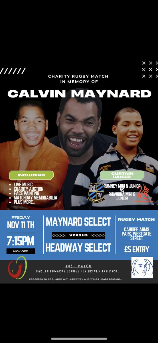 3 weeks tomorrow until the next <a href="/HeadwayXv/">Headway Select XV</a> game on the Arms Park in memory of Calvin Maynard supporting <a href="/HeadwayCardiff/">Headway Cardiff and South East Wales</a> and Wales Heart Research. If you’re free please come down and watch some champagne rugby in aid of two worthy causes. Please RT and help promote the game 👍🏻