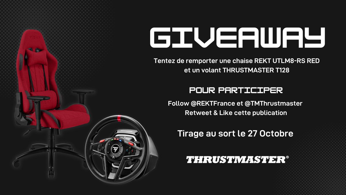 REKTFrance's tweet photo. #CONCOURS 🎁Pour fêter le Mondial de l’Auto, nous vous faisons gagner avec @TMThrustmaster :

- 1 x ULTIM8-RS True RED : https://t.co/05HfPyqcv4
- 1 x Volant Thrustmaster 128 : https://t.co/L5ApzEfeUv

👉🏼 RT et like ce post
👉🏼 Follow @REKTfrance et @TMThrustmaster 

TAS le 27/10 https://t.co/Ov3xKJSQlW