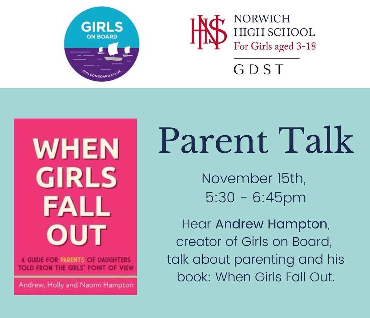 NorwichHigh's tweet photo. Coming up in November, we’re thrilled that author Andrew Hampton will be joining us on 15th for an after school parent seminar 👍

Andrew will talk about parenting and his book: When Girls Fall Out. Reserve a place by emailing d.magee@nor.gdst.net ✅ #girlsonboard #madebygirls https://t.co/ckGKXMrjfO