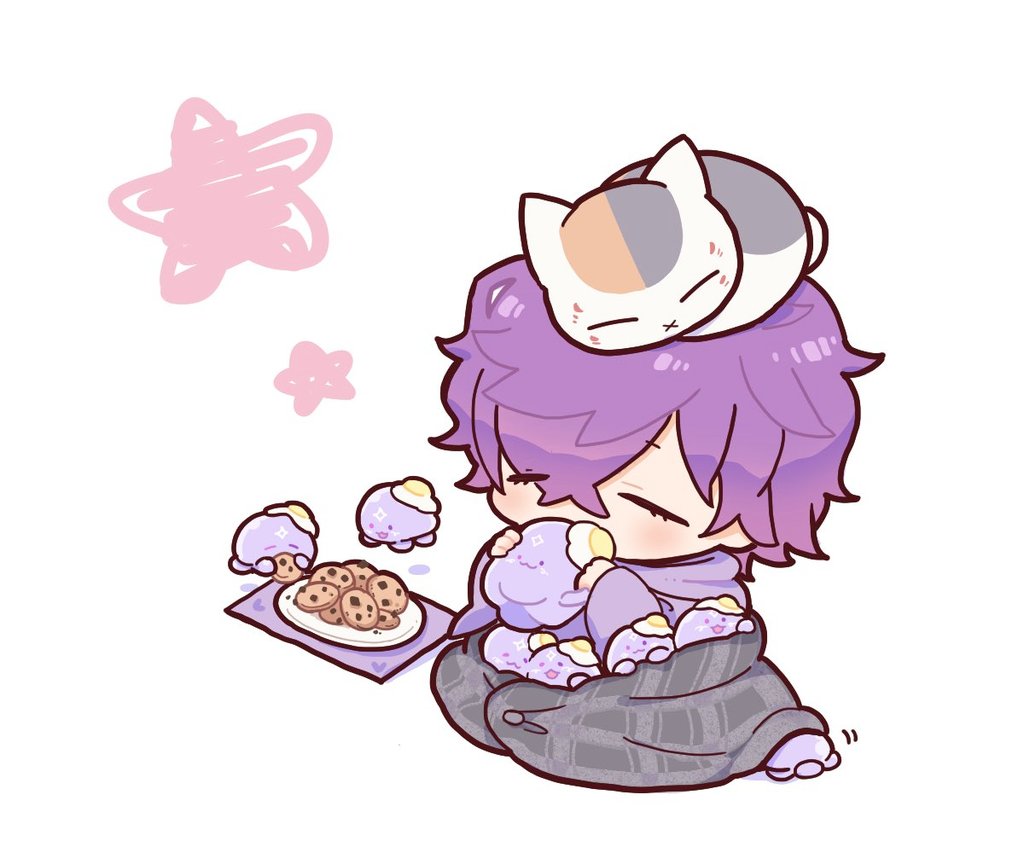 1boy male focus food chibi purple hair closed eyes cat  illustration images