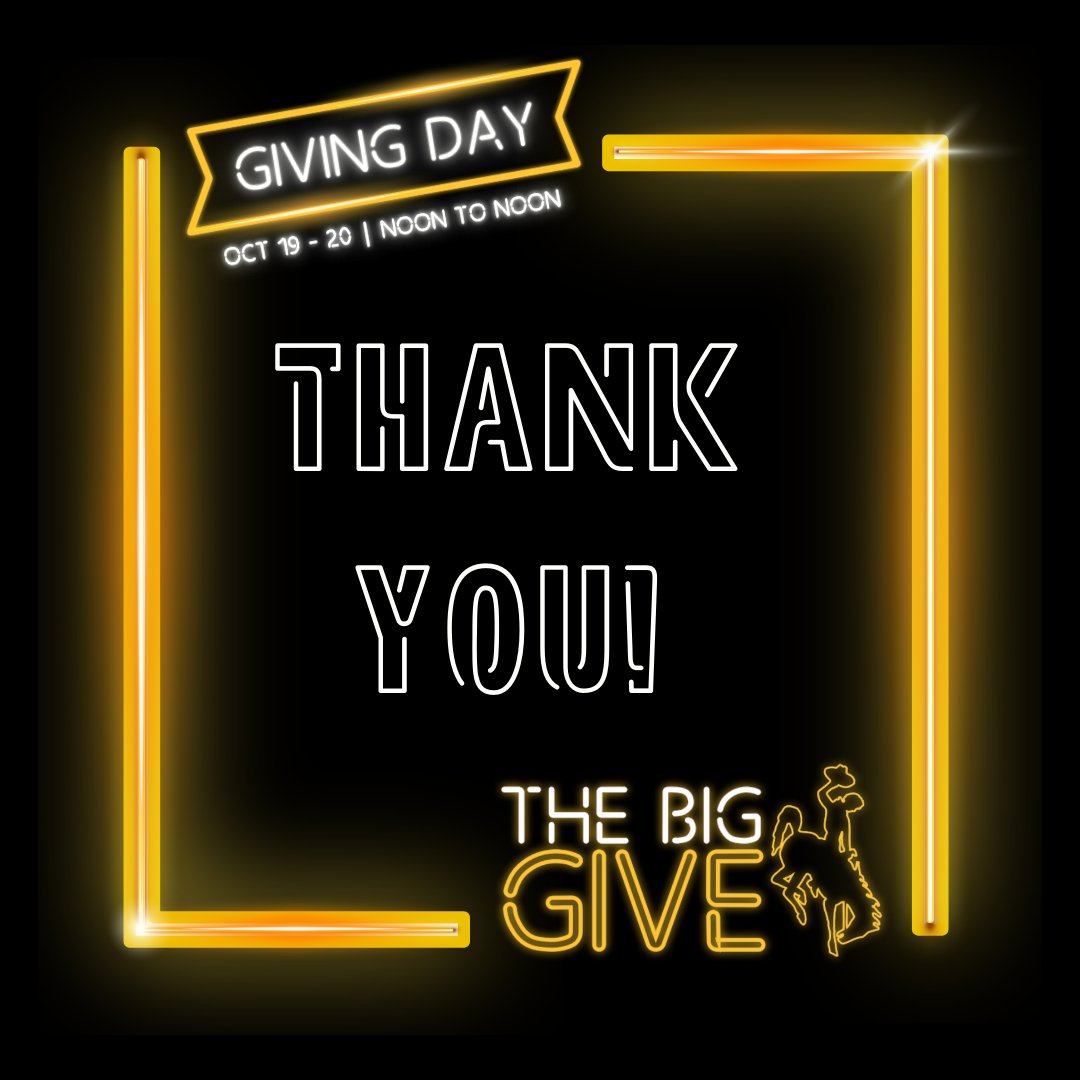 UWyoCoED's tweet photo. Thanks to everyone who has given during the #BigGive! Whether your donation was $1 or $100, every gift makes a difference! There are still two hours to make an impact in the lives of our students. Give today: https://t.co/BiHG39AsGM

#UWGivingDay #SupportWyo #UWyoCoEd #UWyo https://t.co/hlA498hgJA