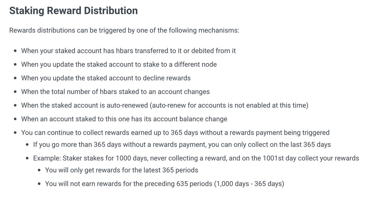 Rewards will automatically accrue for a maximum of 365 days but will not be transferred to your account until one of the following actions is performed. For more details on the mechanisms which trigger reward distribution, visit the link below: ➡️ docs.hedera.com/guides/core-co…