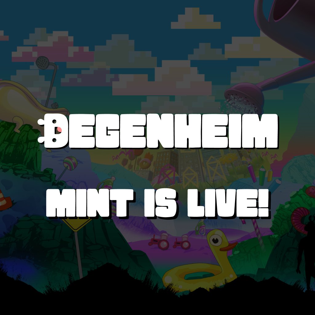 degenheim's tweet photo. 📢DEGENHEIM MINT IS LIVE!📢

PHASE 1 for all Degenlisted is live now!

Apologies for the delay, our devs were working relentlessly to prepare for a safe mint for all of you 🙏

All minting phases were matched to the original structure.

Mint link: https://t.co/CbETqs7VsH https://t.co/nux7lxF6z2