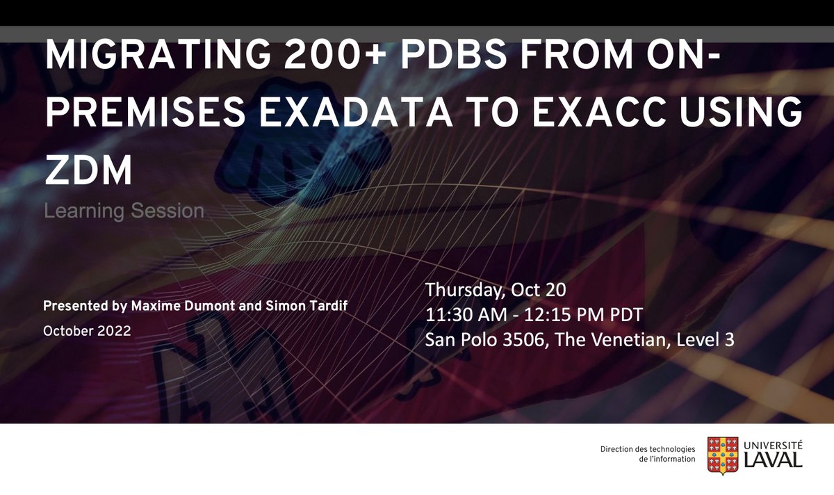 KnownAsMarkus's tweet image. It's already the last day of #CloudWorld, but it's not over yet! Very honored that Maxime Dumont and Simon Tardif invited me to present with them on how Laval University migrated 200+ PDBS from On-Premises Exadata to ExaCC using ZDM. Join us here: reg.rf.oracle.com/flow/oracle/cl…