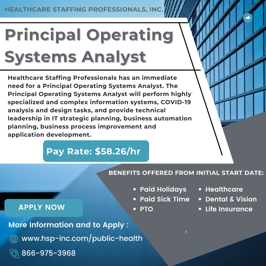 HSP is hiring Principal Operating Systems Analysts for this 100% Remote position! This position offers great benefits and great pay. If you are interested, visit our public health page to apply! hsp-inc.com/public-health #publichealth #remotejobs #lacountyjobs #lapublichealth