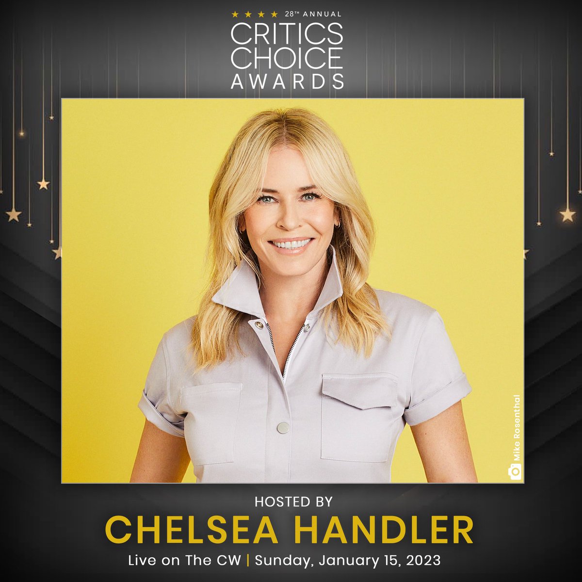 Announcing 📣 CHELSEA HANDLER as our NEW HOST for the 28th annual Critics Choice Awards ⭐️⭐️⭐️⭐️ Welcome @chelseahandler 🎉 Don’t miss it! #CriticsChoiceAwards Sun, January 15, 2023 live @TheCW from @CenturyPlazaLA #chelseahandler #host #criticschoice #criticschoiceawards