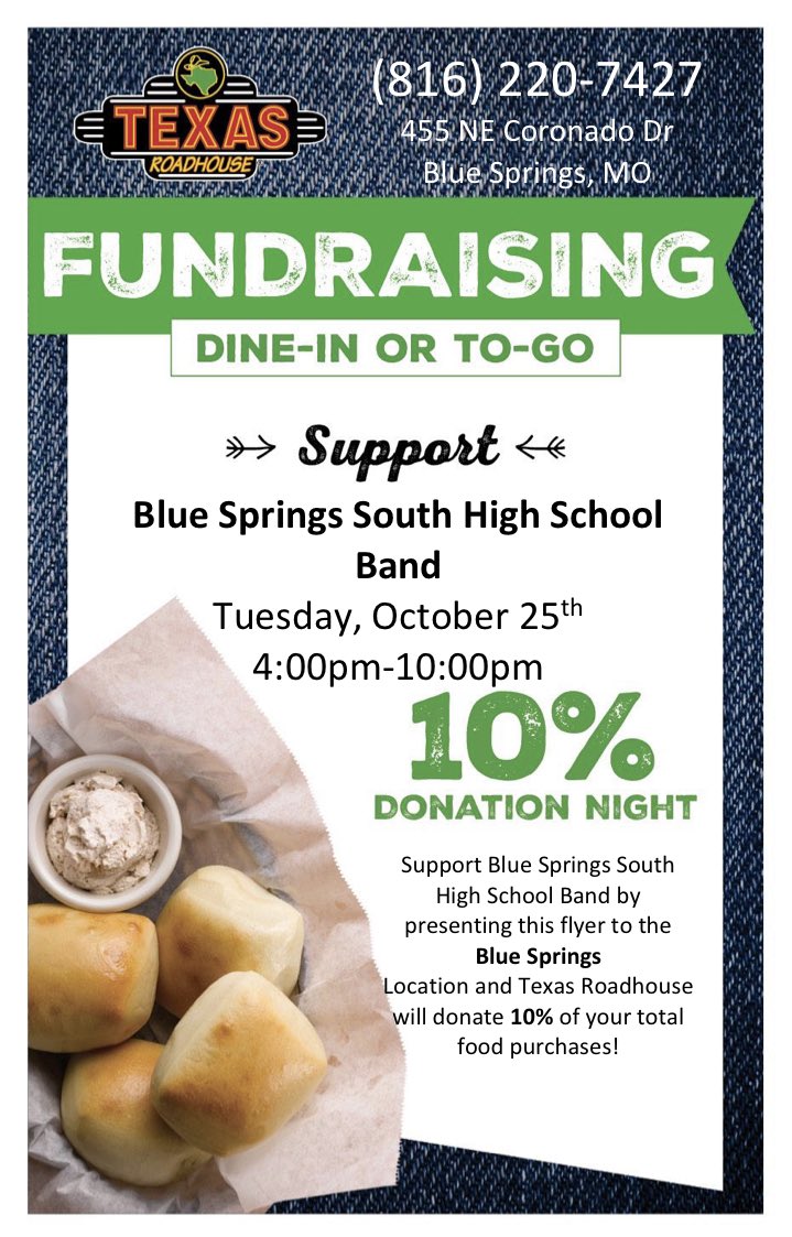 Come join us this Tuesday night at Texas Roadhouse for dinner. Please show your server or present this flyer at the pickup window to give credit to the band! Thank you for your support! @BSSDnews @bssjaguars @JagTVNews @bssdmedia @BSSHSTheater @BSSHSCHOIRS @BSSSenate